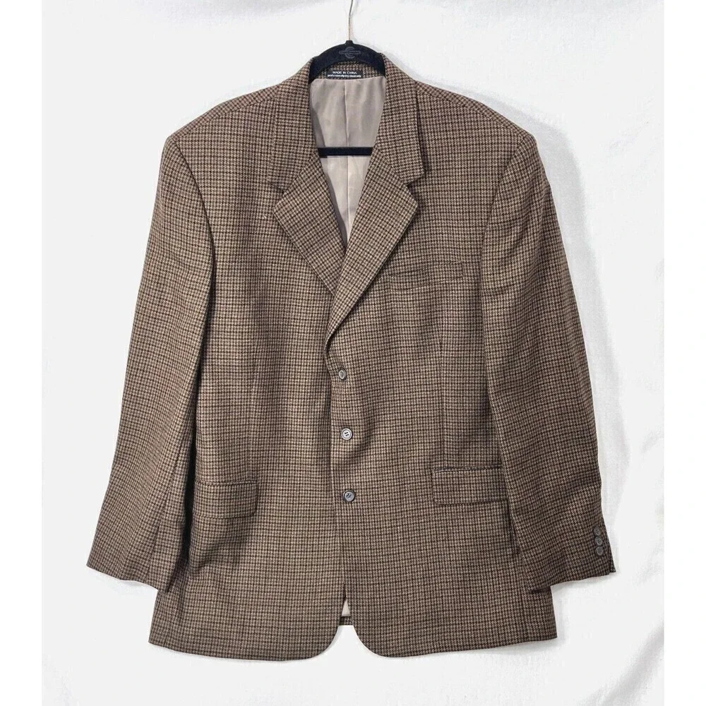 40 Savile Row Blazer Men 48 Long Brown Houndstooth 100% Wool 3 Button No Vent